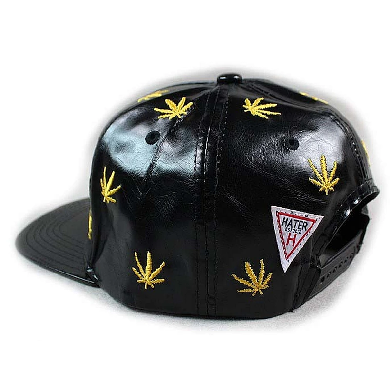 Gold Metal Logo Fitted Baseball Hats With Embroidery Black Shiny Leather