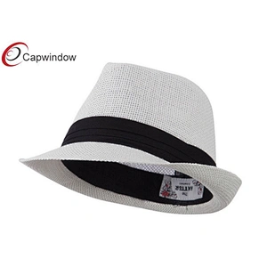 White Kid Paper Straw Black Band Fedora Hat