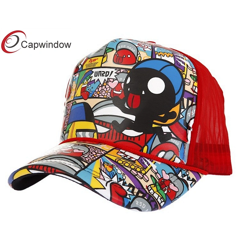 Allover Cartoon Printed Trucker Mesh Caps With A Plastic Double Snap Button Closure