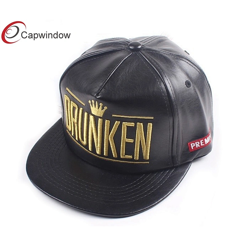5 Panel Gold Embroidery Custom Strapback Cap With PVC Leather