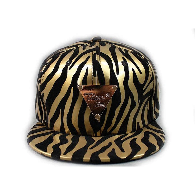 Gold Zebra Pattern Printing Flat Brim Baseball Hats With Gold Matel Logo