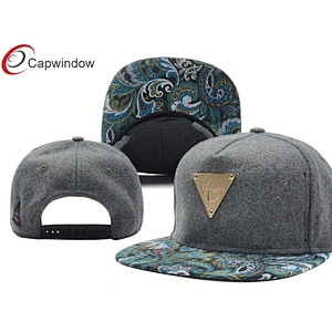 Gold Metal Logo Grey Wool Baseball Caps With Paisley Printed Peak