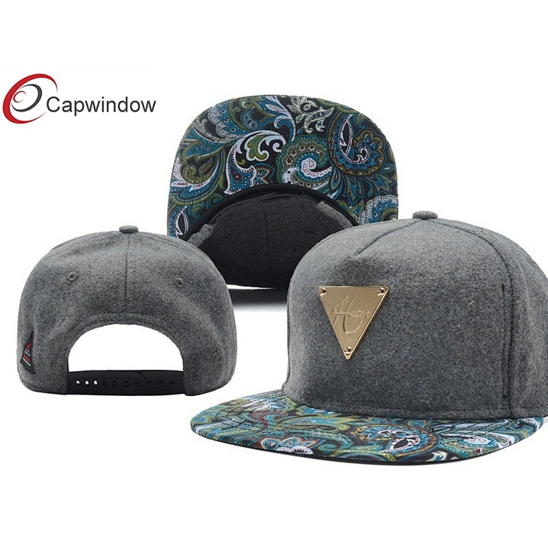 Gold Metal Logo Grey Wool Baseball Caps With Paisley Printed Peak