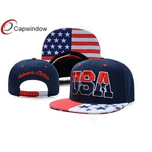 USA Flag Printing On Peak Snapback Baseball Cap With 3D Embroidery On The Crown