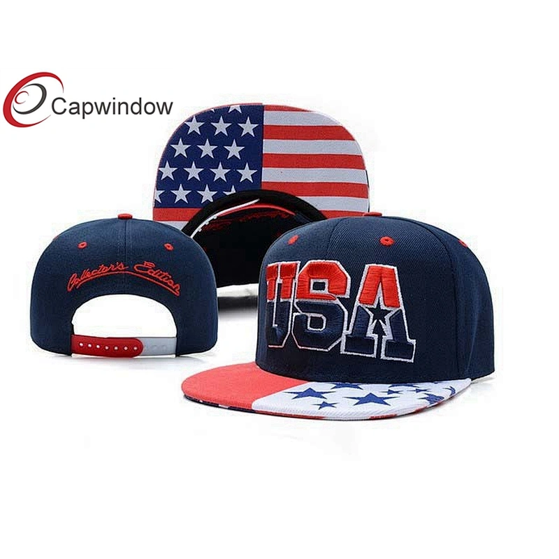 USA Flag Printing On Peak Snapback Baseball Cap With 3D Embroidery On The Crown