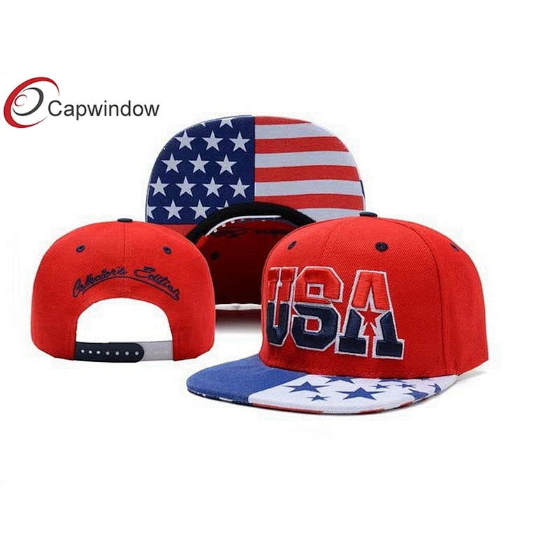 USA Flag Printing On Peak Snapback Baseball Cap With 3D Embroidery On The Crown