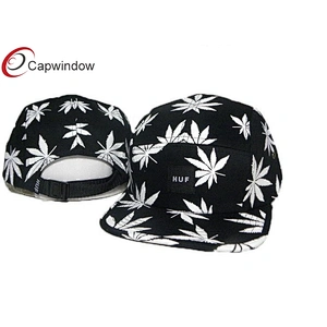 Allover Leaves Printed 5 Panel Camper Cap With Plastic Release Buckle Closure