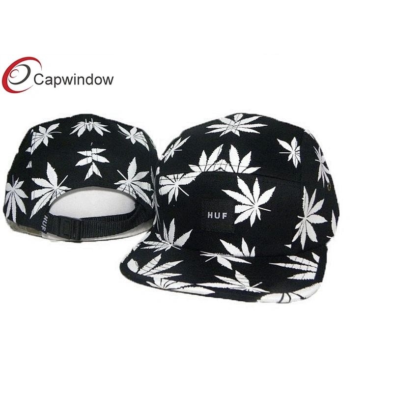 Allover Leaves Printed 5 Panel Camper Cap With Plastic Release Buckle Closure