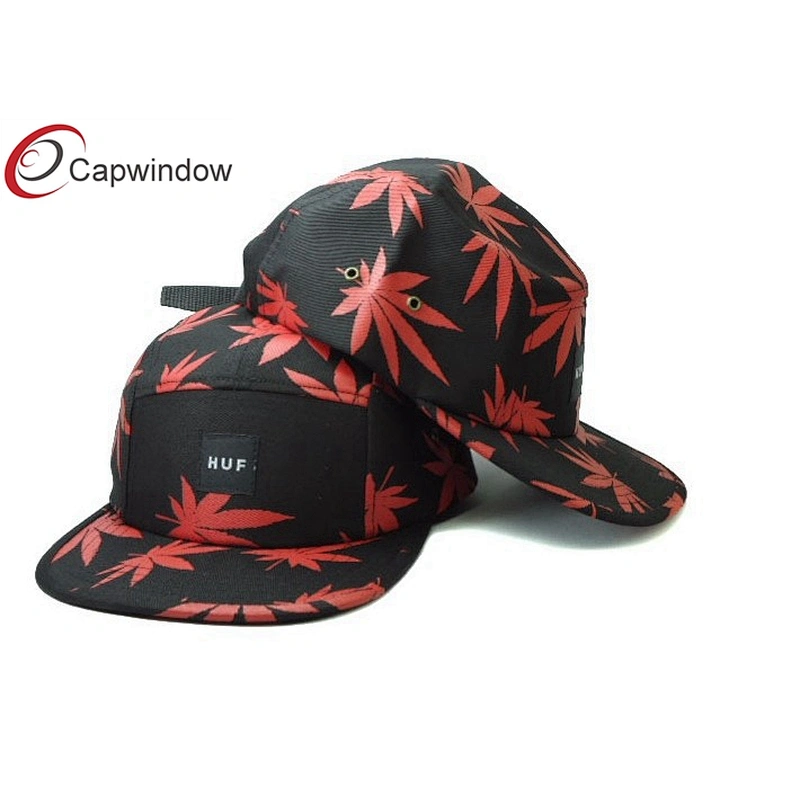 Allover Leaves Printed 5 Panel Camper Cap With Woven Label Logo On Front