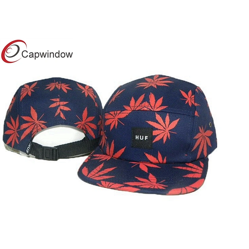 Allover Leaves Printed 5 Panel Camper Cap With Plastic Release Buckle Closure