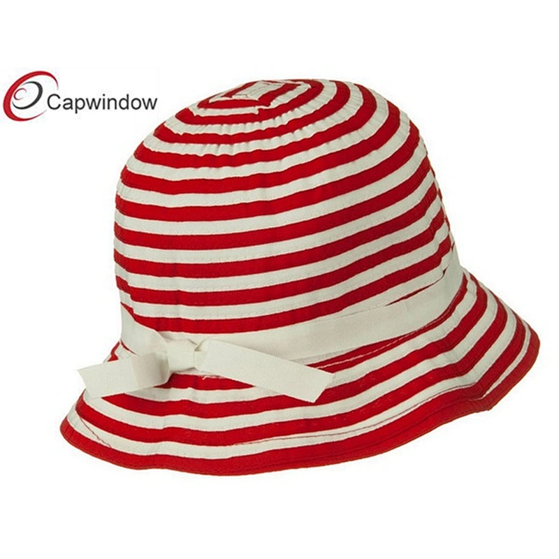 Red Sewn Braid Woman's Bucket Hat with Stripe