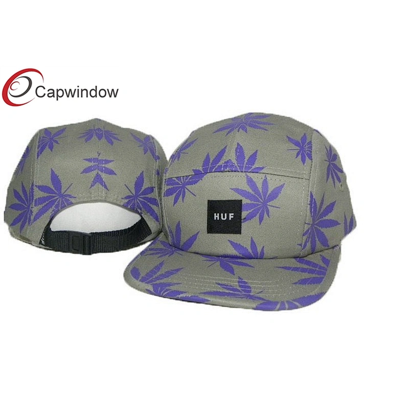 Allover Leaves Printed 5 Panel Camper Cap With Plastic Release Buckle Closure