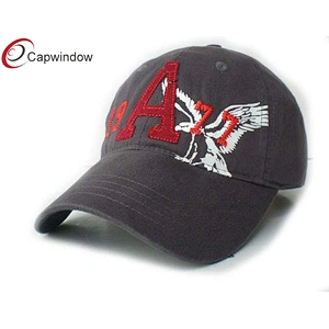 Stone Washed Heavy Cotton Twill Golf Baseball Hats With Printed Hawk Pattern