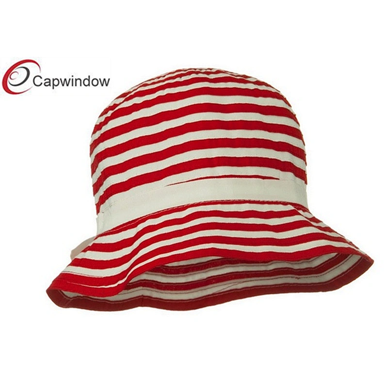 Red Sewn Braid Woman's Bucket Hat with Stripe
