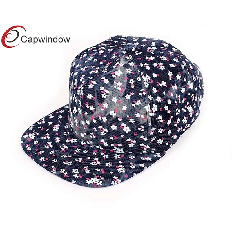 Colored Flower Printing Flat Brim Snapback Hats With Washed Denim Fabric