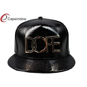 Black Snak Skin Shiny Leather Hip Hop Baseball Caps With Gold Metal Logo