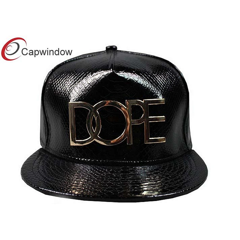 Black Snak Skin Shiny Leather Hip Hop Baseball Caps With Gold Metal Logo