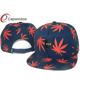 Allover Printed Leaves Wool Baseball Caps With Woven Label Logo On Front