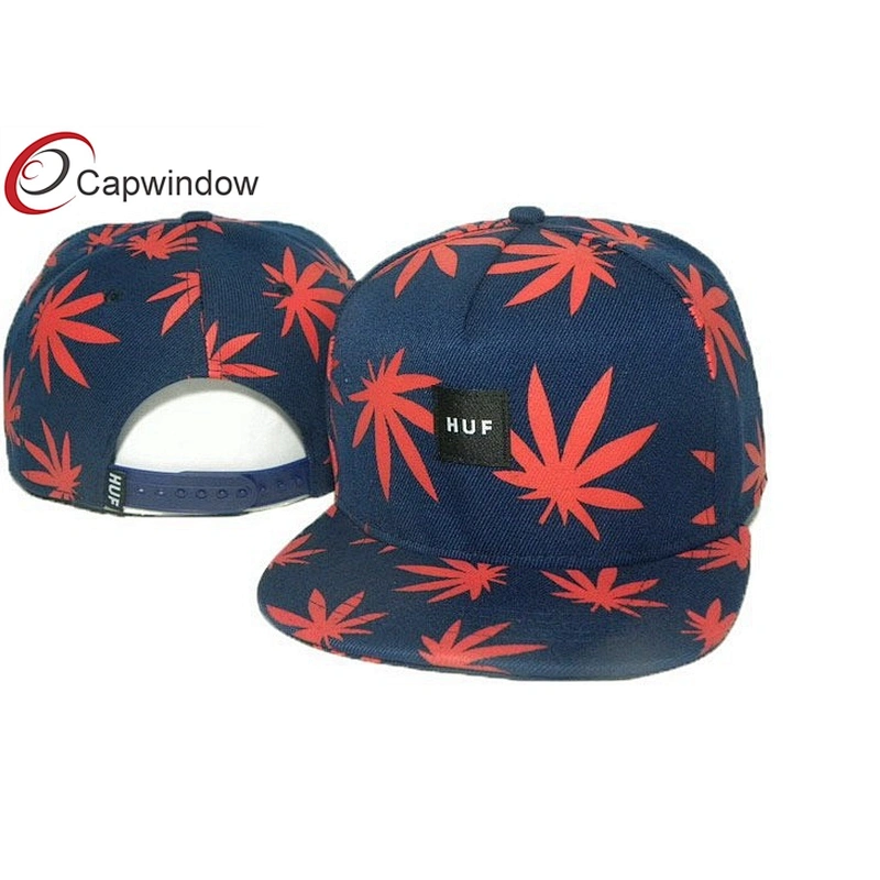 Allover Printed Leaves Wool Baseball Caps With Woven Label Logo On Front
