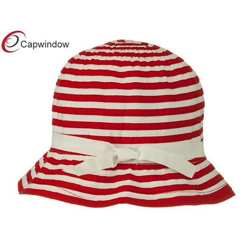 Red Sewn Braid Woman's Bucket Hat with Stripe