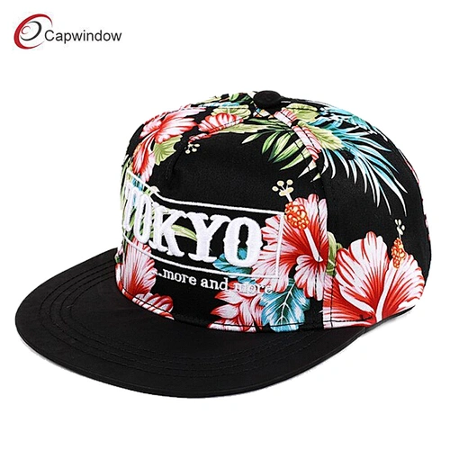 Allover Red Flower Printing Snapback Baseball Cap with 3D Embroidery