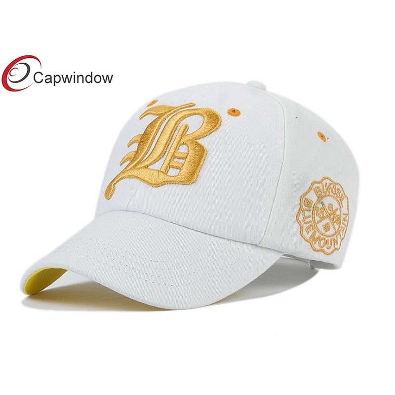 Gold 3D Embroidery Cotton Baseball Caps With Stone Washed Fabric