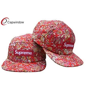 Allover Floral Printed 5 Panel Camper Cap With Woven Label Logo On Front