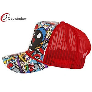Allover Cartoon Printed Trucker Mesh Caps With A Plastic Double Snap Button Closure