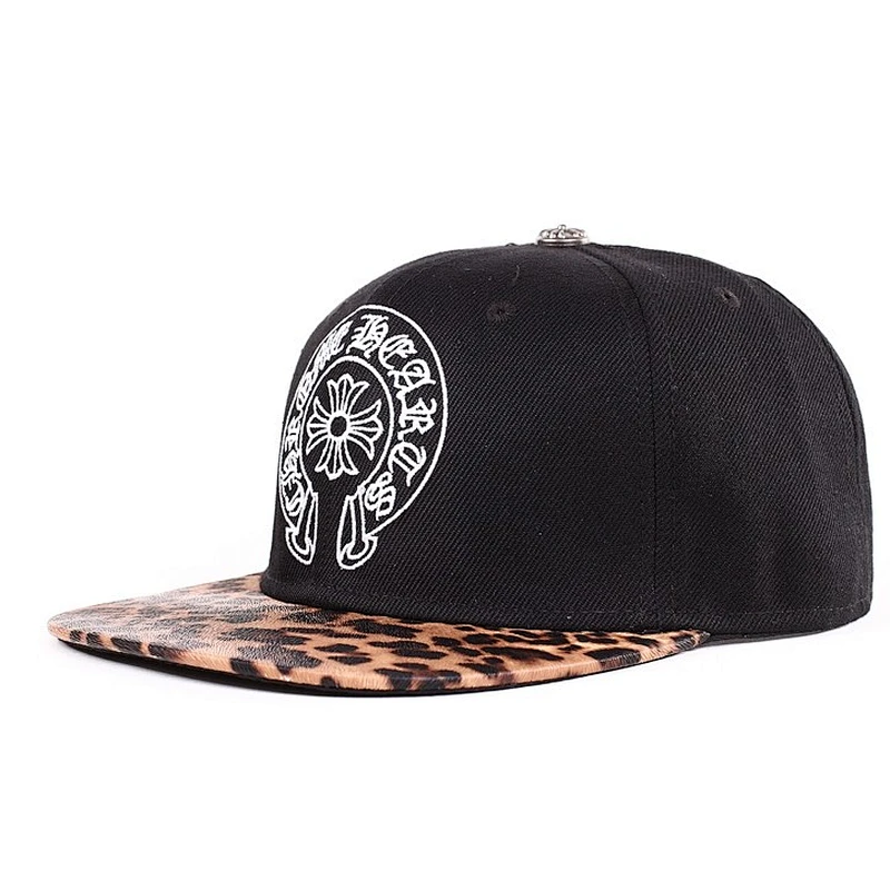Leopard-Print Leather Peak Snapback Cap With Metal Top Button