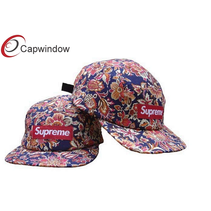 Allover Floral Printed 5 Panel Camper Cap With Woven Label Logo On Front