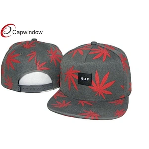 Allover Printed Leaves Wool Baseball Caps With Woven Label Logo On Front