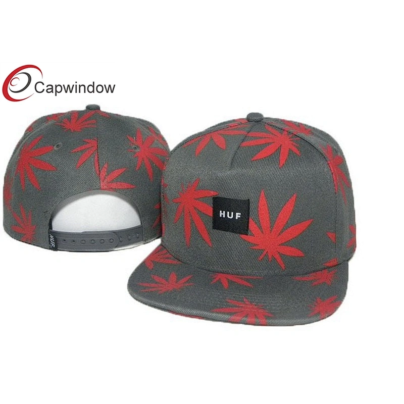Allover Printed Leaves Wool Baseball Caps With Woven Label Logo On Front