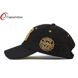 Gold 3D Embroidery Cotton Baseball Caps With Stone Washed Fabric