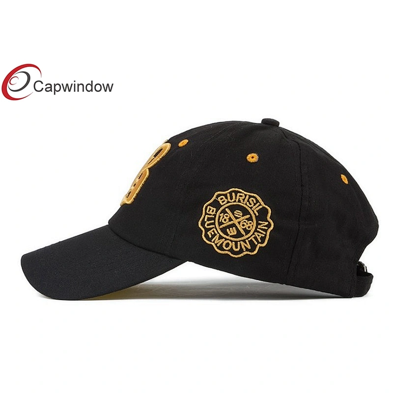 Gold 3D Embroidery Cotton Baseball Caps With Stone Washed Fabric