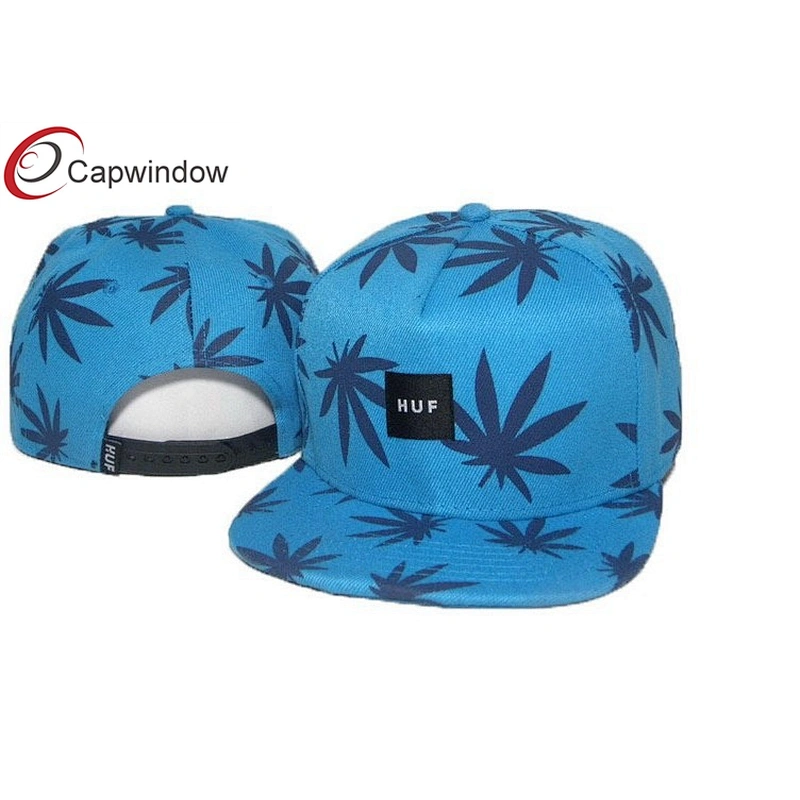 Allover Printed Leaves Wool Baseball Caps With Woven Label Logo On Front