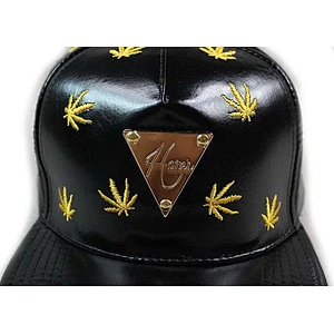 Gold Metal Logo Fitted Baseball Hats With Embroidery Black Shiny Leather