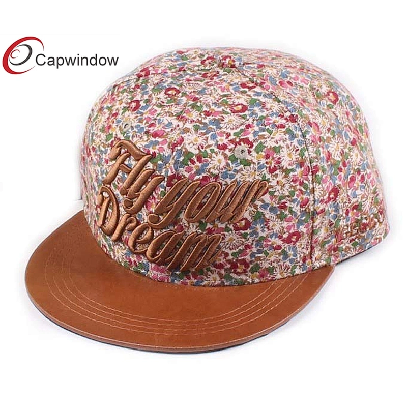 3D Embroidery Snapback Baseball Cap With Allover Plain Leather On Beak