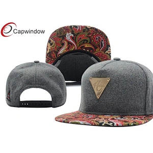 Gold Metal Logo Grey Wool Baseball Caps With Paisley Printed Peak