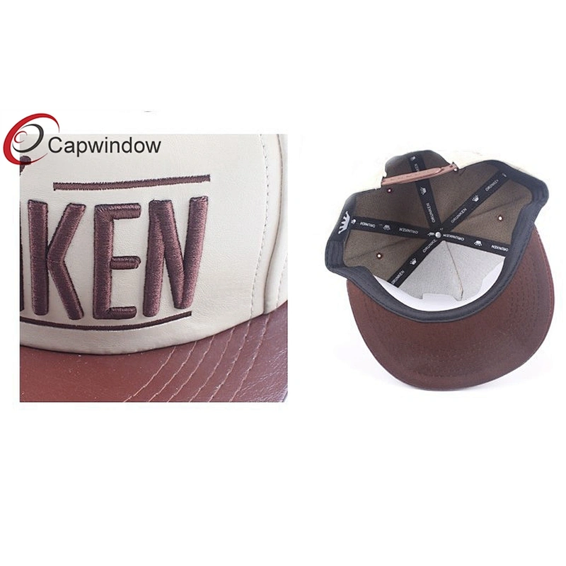 5 Panel Gold Embroidery Custom Strapback Cap With PVC Leather