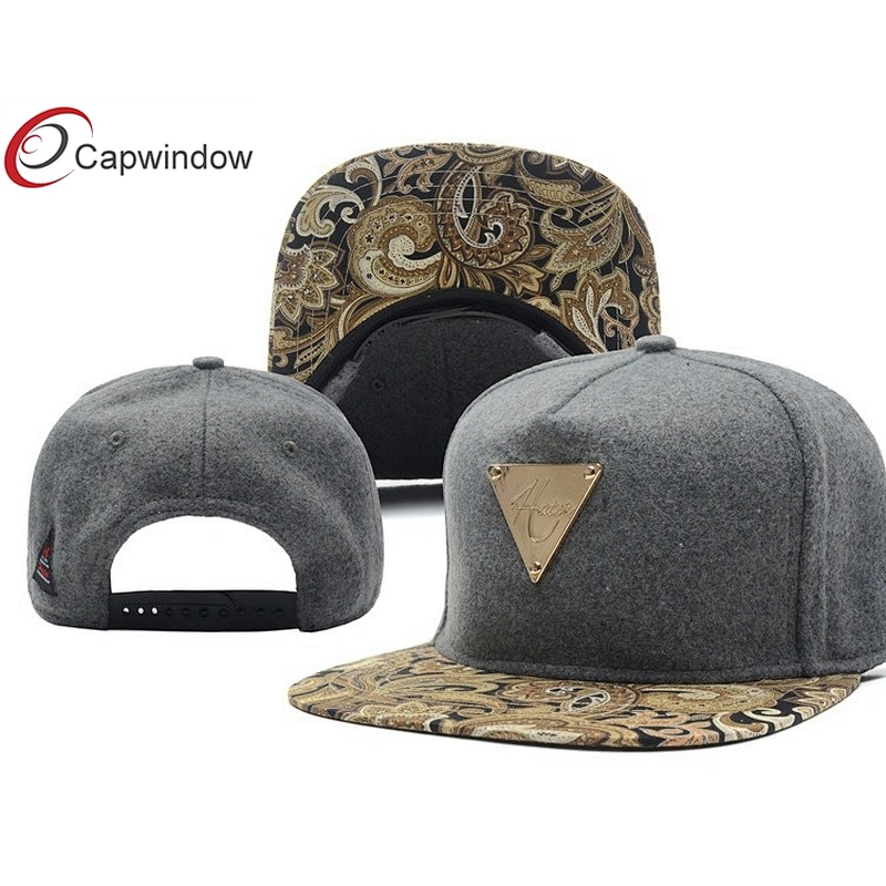 Gold Metal Logo Grey Wool Baseball Caps With Paisley Printed Peak