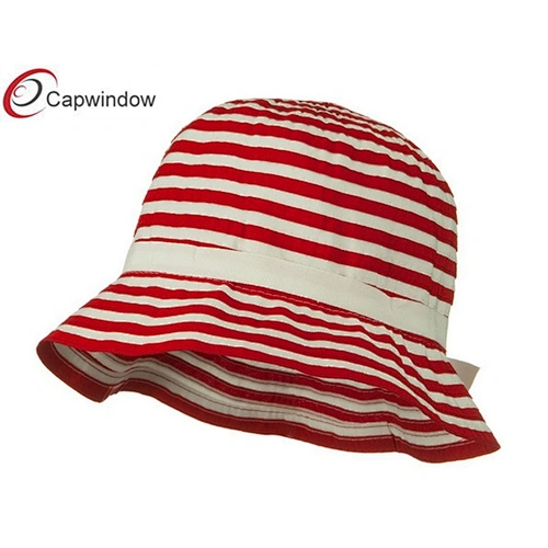 Red Sewn Braid Woman's Bucket Hat with Stripe