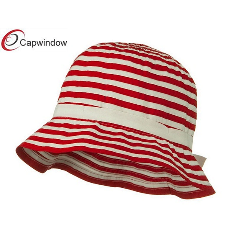 Red Sewn Braid Woman's Bucket Hat with Stripe