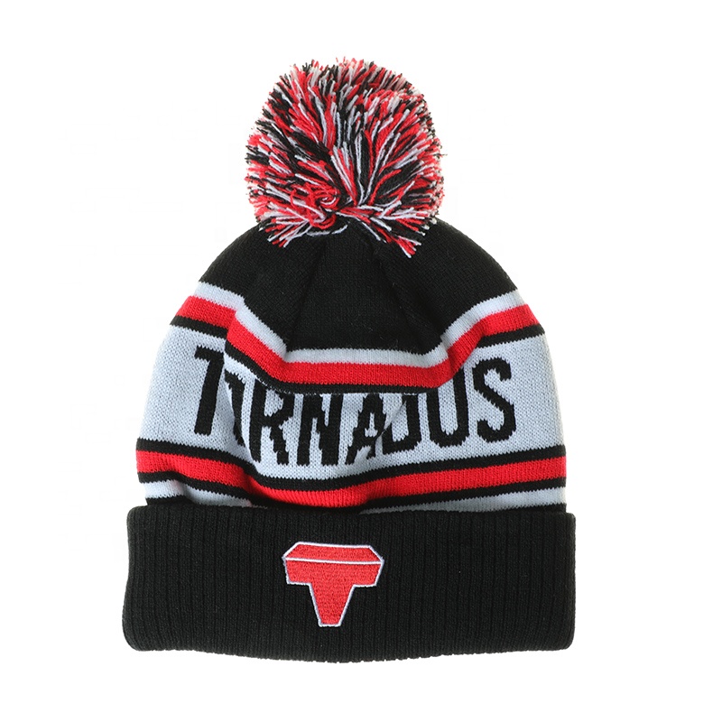 Custom Embroidered Jacquard Knitted Beanie Hat With Pompom