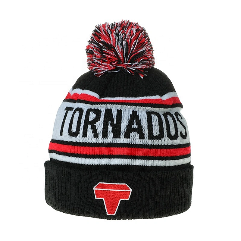 Custom Embroidered Jacquard Knitted Beanie Hat With Pompom