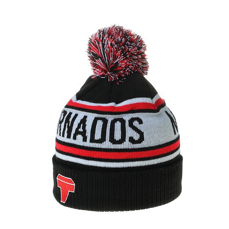 Custom Embroidered Jacquard Knitted Beanie Hat With Pompom