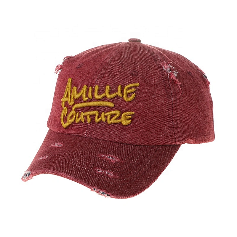 Wholesale Distressed Washed Cotton Denim Embroidered 6 Panel Snapback Baseball Vintage Dad Cap for Men