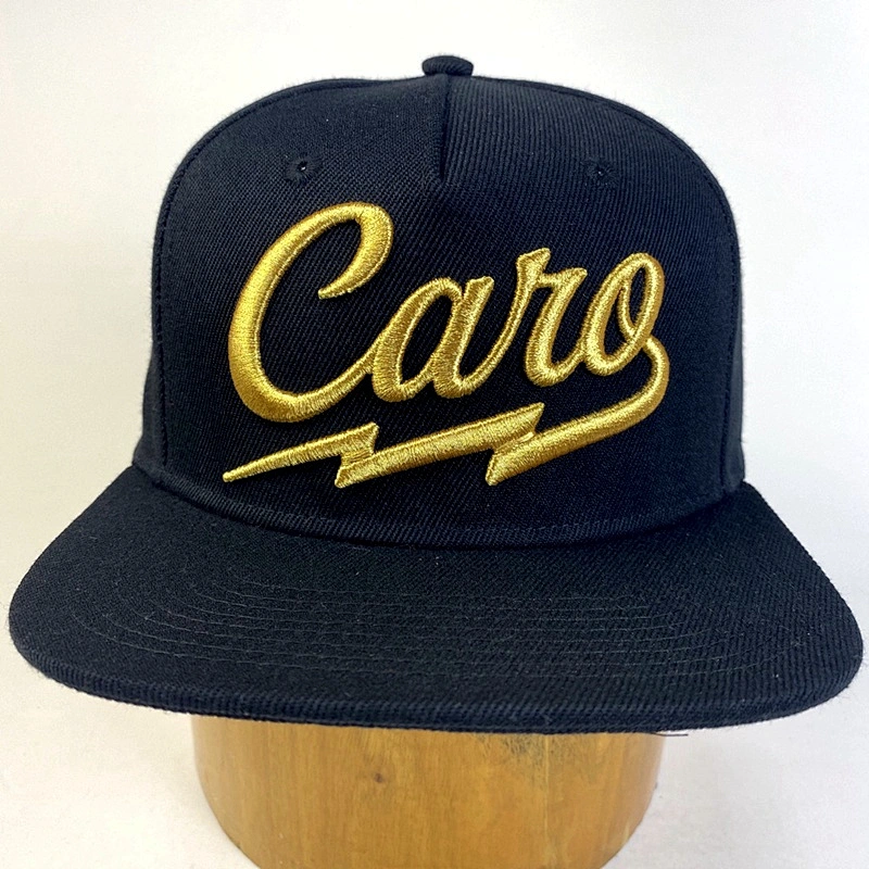 High Quality Wholesale Metallic Gold Thread Puff 3D Embroidery 5 Panel Flat Brim Snap back Sports Cap Hat for Men and Adults