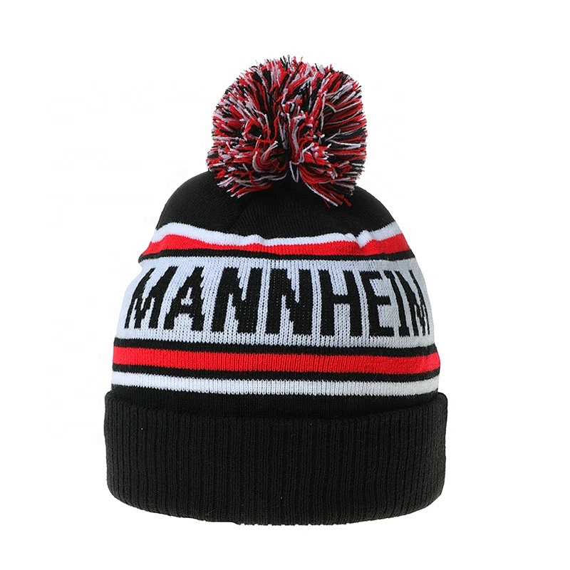 Custom Embroidered Jacquard Knitted Beanie Hat With Pompom