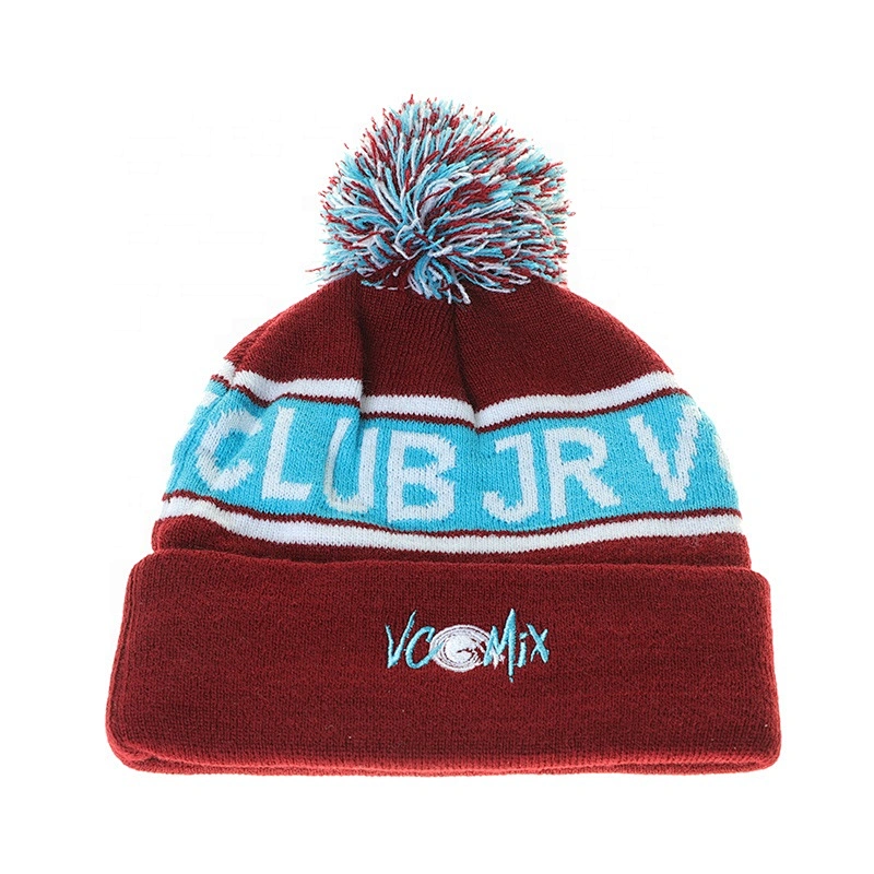 Wholesale 100% Acrylic Beanie Hat With Embroidered Logo And Pompom