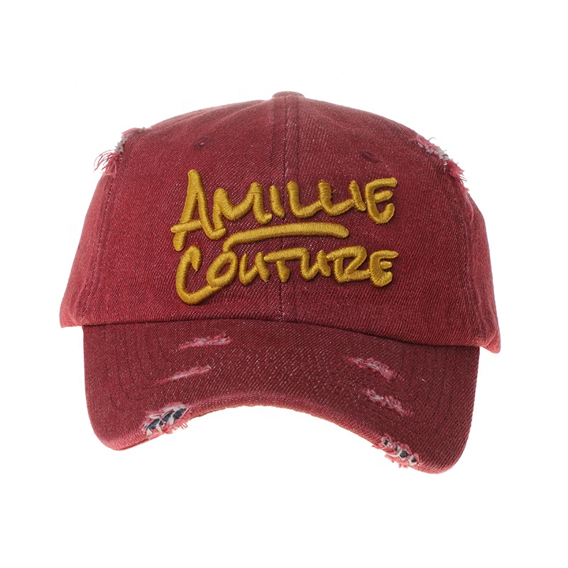 Wholesale Distressed Washed Cotton Denim Embroidered 6 Panel Snapback Baseball Vintage Dad Cap for Men